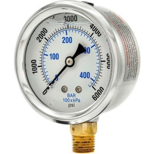 Engineered Specialty Products, Inc Pic Gauges 2-1/2" Vacuum Gauge, Liquid Filled, 6000 PSI, Stainless Case, Lower Mount, PRO-201L-254R PRO-201L-254S